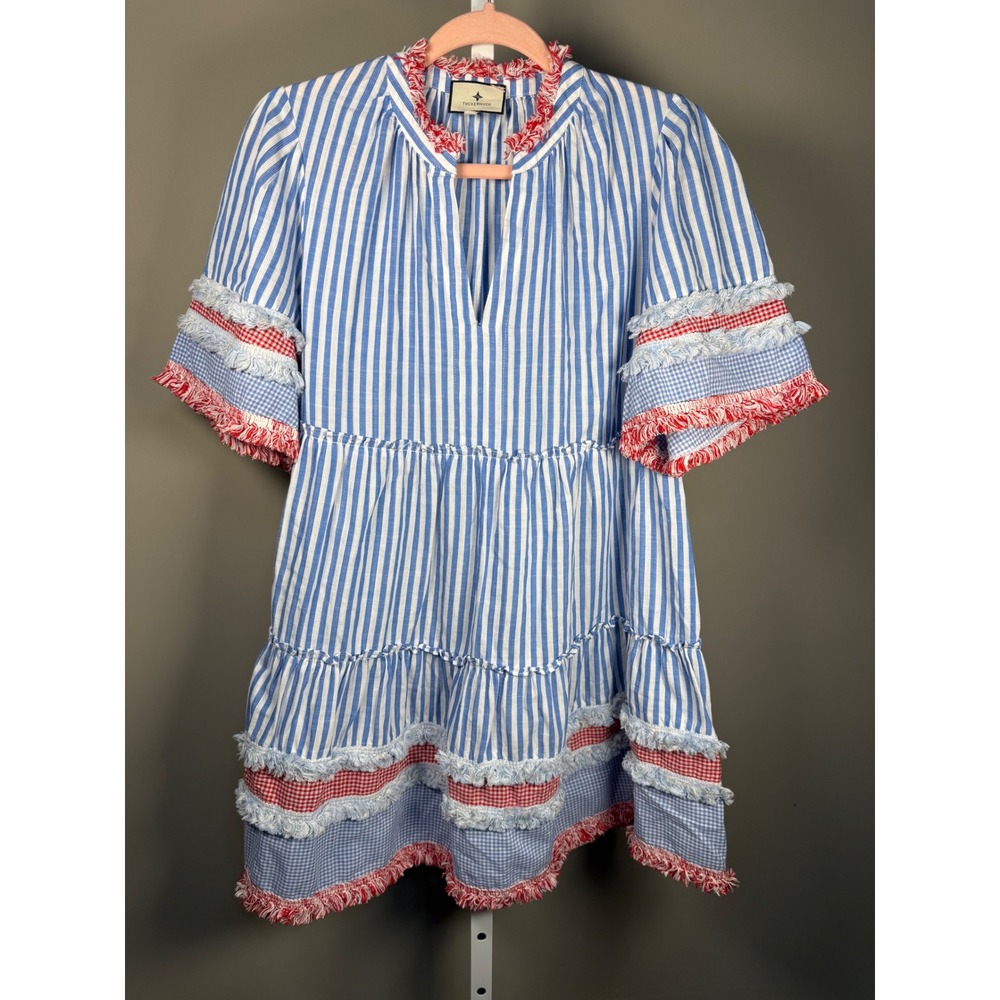 Tuckernuck Savannah Stripe Crawford Dress Red White Blue Tiered Mini L Patriotic - Picture 2 of 10